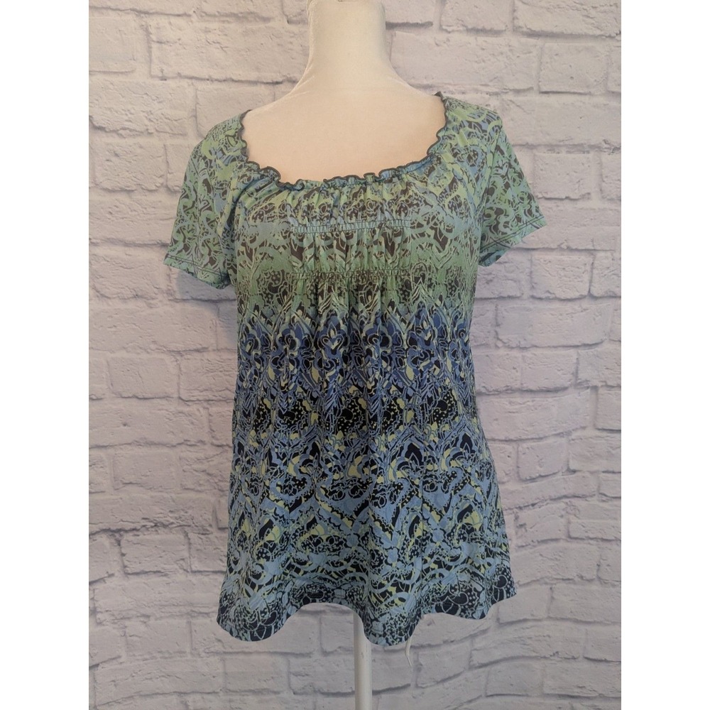 Baby Doll Blue Green Floral Short Sleeve Womens Sz Small Blouse 90s Y2K Milkmaid
